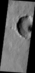 This image from NASA's Mars Odyssey shows several gullies located on the rim of this unnamed crater located on the margin between Tempe Terra and Acidalia Planitia.