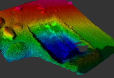 This color-coded elevation map shows the 'Dodo-Goldilocks' trench dug by the Robotic Arm on NASA's Phoenix Mars Lander. 