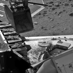 This image from NASA's Phoenix Mars Lander shows the lander's Robotic Arm scoop positioned over the Wet Chemistry Lab delivery funnel on Sol 29, the 29th Martian day after landing, or June 24, 2008.
