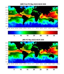 NASA's Ocean Surface Topography Mission/Jason-2 satellite shows the amount of water vapor in the atmosphere beneath the satellite during the period June 22, 2008, to June 29, 2008.