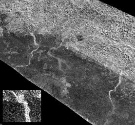 On the final flyby of NASA's Cassini spacecraft's original four-year tour, its radar mapper captured these unusual channels on Titan at the edge of Xanadu, the widest seen in this area.