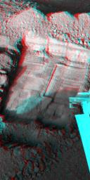 This anaglyph, acquired by NASA's Phoenix Lander shows a stereoscopic 3D view of a trench informally called 'Snow White' dug by Phoenix's Robotic Arm. 3D glasses are necessary to view this image.