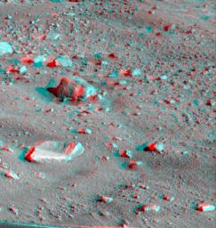 This anaglyph, acquired by NASA's Phoenix Lander on Jun. 10, 2008, shows a large rock called 'Winkies.' 3D glasses are necessary to view this image.