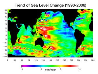 Data from NASA's Jason satellite shows warming water and melting land ice have raised global mean sea level 4.5 centimeters (1.7 inches) from 1993 to 2008. But the rise is by no means uniform.