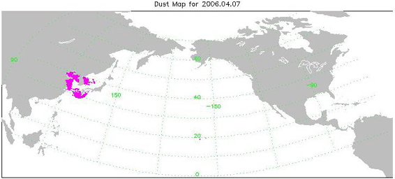 Transport of dust from China Dust Storm of April 2006, from the Atmospheric Infrared Sounder (AIRS) on NASA's Aqua satellite.