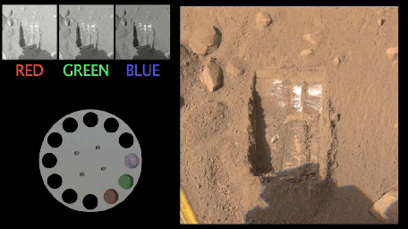The Surface Stereo Imager onboard NASA's Phoenix Mars Lander captures a scene with three different filters. The images are sent to Earth in black and white and the color is added by mission scientists.
