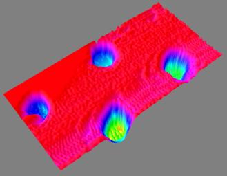 This image is a three dimensional (3D) view of a digital elevation map of a sample collected by NASA's Phoenix Mars Lander's Atomic Force Microscope (AFM). Four round pits, 5 microns in depth, were micromachined into the silicon substrate.