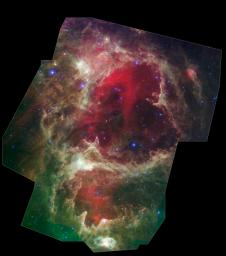 Generations of stars can be seen in this new infrared portrait from NASA's Spitzer Space Telescope. In this wispy star-forming region, called W5, the oldest stars can be seen as blue dots in the centers of the two hollow cavities.
