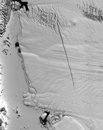 Pine Island Glacier has undergone a steady loss of elevation with retreat of the grounding line in recent decades. NASA's Terra satellite acquired the scene on December 12, 2000.