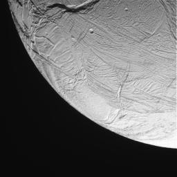 This image was taken during NASA's Cassini spacecraft's extremely close encounter with Saturn's moon Enceladus on Oct. 9, 2008.