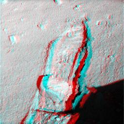 The robotic arm on NASA's Phoenix Mars Lander slid a rock out of the way on Sept. 22, 2008 to gain access to soil that had been underneath the rock. 3D glasses are necessary to view this image.