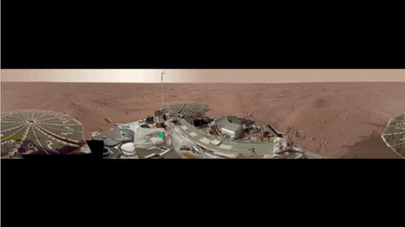 This view combines more than 500 images taken after NASA's Phoenix Mars Lander arrived on an arctic plain at 68.22 degrees north latitude, 234.25 degrees east longitude on Mars.