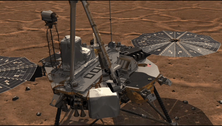 This frame from an animation shows NASA's Phoenix Lander's Robotic Arm scoop delivering a sample to the Thermal and Evolved-Gas Analyzer (TEGA) and how samples are analyzed within the instrument.
