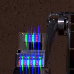 This image is a composite view of NASA's Phoenix Mars Lander's Robotic Arm Camera (RAC) with its lights on, as seen by the lander's Surface Stereo Imager (SSI) taken on Sept. 22, 2008. This composite image is not true color.