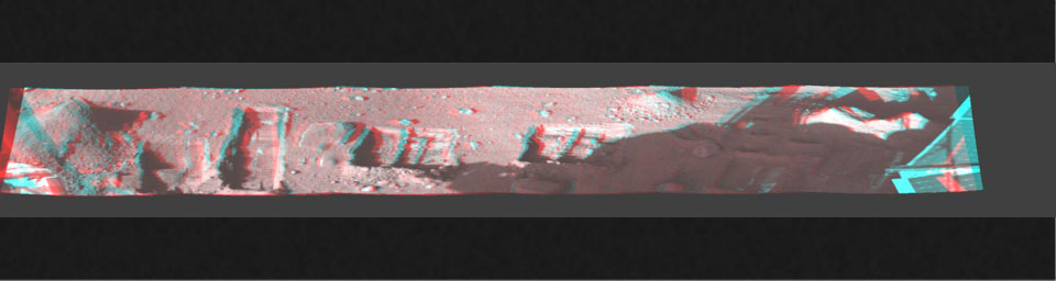 This image is a stereo, panoramic view of various trenches dug by NASA's Phoenix Mars Lander on Oct. 7, 2008. 3D glasses are necessary to view this image.