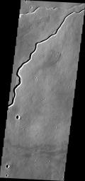 This image from NASA's Mars Odyssey shows a narrow channel in Ituxi Vallis, a lava channel east of Elysium Mons.