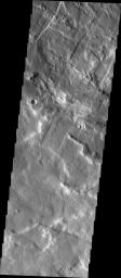 This image from NASA's Mars Odyssey shows a small region of the western flank of Arsia Mons. The surface of the volcanic flows in this region have an odd pitted texture. The cause of this texture is unknown.