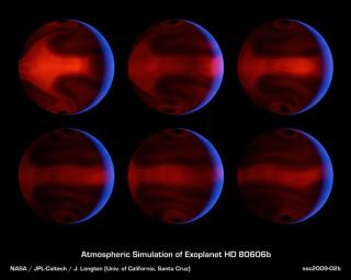 These computer-generated images from NASA's Spitzer Space Telescope chart the development of severe weather patterns on the highly eccentric exoplanet HD 80606b during the days after its closest approach to its parent star.