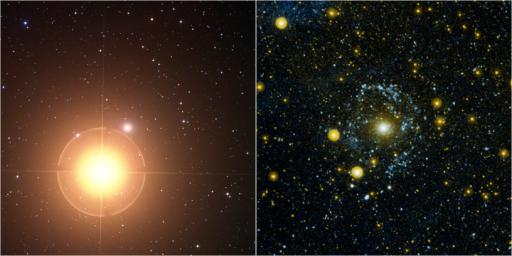 The 'Ghost of Mirach' galaxy is shown in visible light on the left, and in ultraviolet as seen by NASA's Galaxy Evolution Explorer on the right. The fields of view are identical in both pictures, with the Ghost of Mirach -— a galaxy called NGC 404.