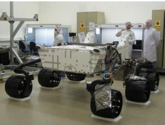 Wheels were first attached to NASA's Mars Science Laboratory rover in August 2008. The rover and its descent stage and cruise stage were assembled and tested at NASA's Jet Propulsion Laboratory, Pasadena, Calif., for launch in 2009.