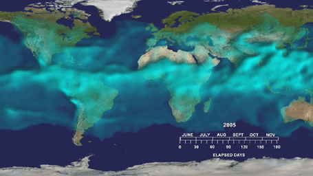 This visualization from the Atmospheric Infrared Sounder (AIRS) on NASA's Aqua satellite shows variations in the three dimensional distribution of water vapor in the atmosphere during the summer and fall of 2005.