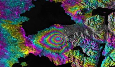 This satellite interferometric synthetic aperture radar image-pair shows relative deformation of the Earth's surface when nn April 22-23, 2015, significant explosive eruptions occurred at Calbuco volcano, Chile.