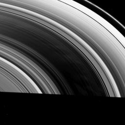 This high-phase image from NASA's Cassini spacecraft shows dark areas separating faint spokes that are brighter than the rest of Saturn's B ring. The shadow of Saturn cuts across the bottom of this image taken on Feb. 24, 2009.