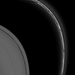 The effects of the moon Prometheus create intricate formations in Saturn's thin F ring as seen by NASA's Cassini spacecraft.