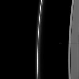 The shadow of the moon Janus dwarfs the shadow of Daphnis on Saturn's A ring in this image taken as the planet approached its August 2009 equinox. This image is from NASA's Cassini spacecraft.