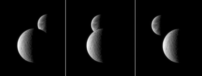 Saturn's moon Rhea passes in front of Dione, as seen from NASA's Cassini spacecraft. These images are part of a 'mutual event' sequence in which one moon passes close to, or in front of, another.