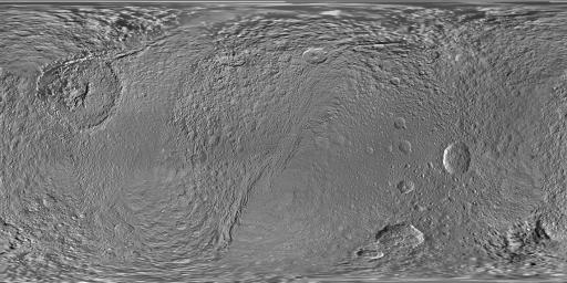 This updated global map of Saturn's moon Tethys was created using images taken by NASA's Cassini spacecraft.