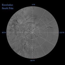 The northern and southern hemispheres of Enceladus are seen in these polar stereographic maps, mosaicked from the best-available images from NASA's Cassini and Voyager.