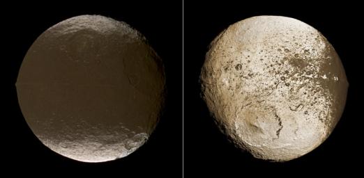 These two global images of Iapetus taken by NASA's Cassini's spacecraft show the extreme brightness dichotomy on the surface of this peculiar Saturnian moon.