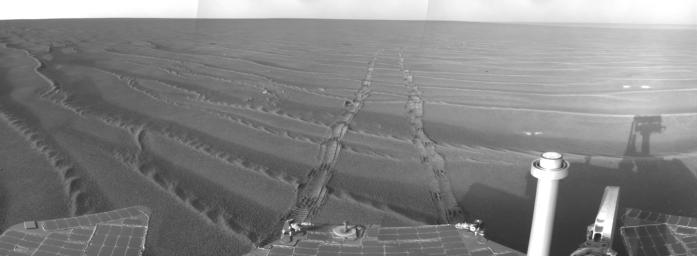 This image from NASA's Mars Exploration Rover Opportunity gives a view to the northeast from the rover's position on Oct. 22, 2008. Multiple rover tracks are seen on Victoria Crater.