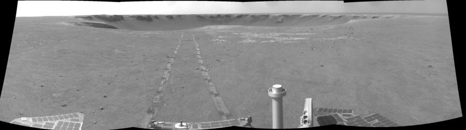 This image from NASA's Mars Exploration Rover Opportunity gives a view to the northeast from the rover's position on Oct. 18, 2008. Rover tracks are seen on Victoria Crater.