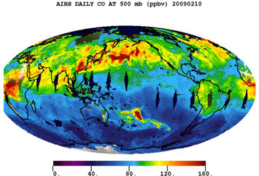 Carbon monoxide from the Australian fires of February, 2009, as seen by the Atmospheric Infrared Sounder (AIRS) on NASA's Aqua satellite.