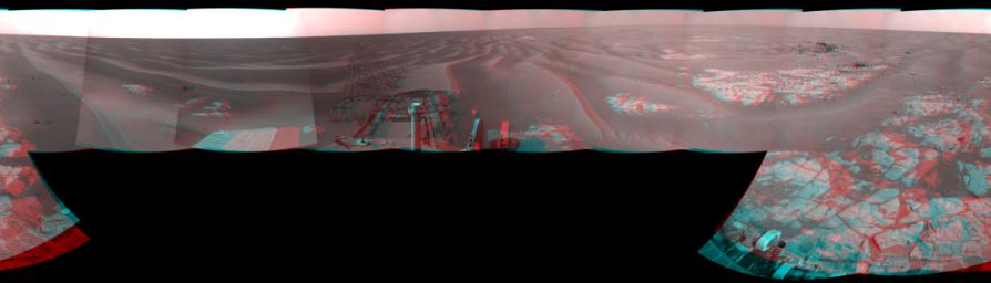 NASA's Mars Exploration Rover Opportunity combined images into this stereo, 360-degree view of the rover's surroundings on March 12, 2009. 'Cook Islands' is visible just below center of this image. 3D glasses are necessary to view this image.