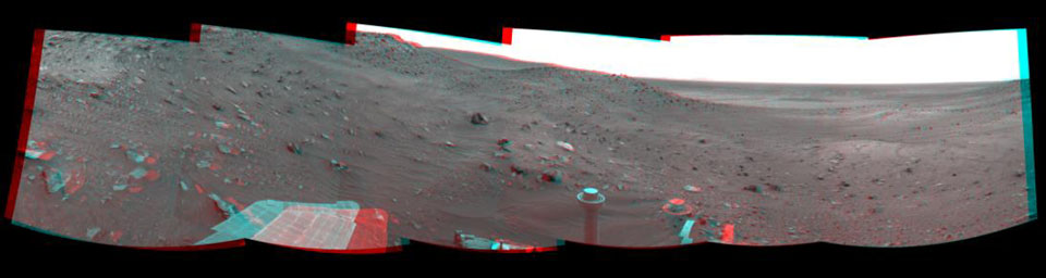 NASA's Mars Exploration Rover Opportunity combined images into this stereo, 360-degree view on March 28-30, 2009. In this view, the western edge of Home Plate is on the portion of the horizon farthest to the left. 3D glasses are necessary.