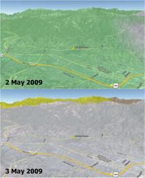 In Santa Barbara County, a wildfire, called the Jesusita fire, ignited on May 5, 2009 in the Cathedral Peak area northwest of Mission Canyon. Data is from NASA's QuikScat satellite.