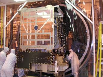 NASA's Dawn spacecraft being moved into thermal vacuum chamber for bake-out.