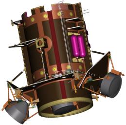 This illustration shows the core structure with ion propulsion system installed aboard NASA's Dawn spacecraft.