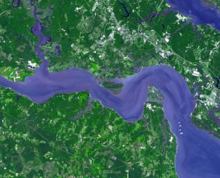 Jamestown, located on Jamestown Island in the Virginia Colony, was founded on May 14, 1607. NASA's Terra spacecraft acquired this image on September 4, 2007.