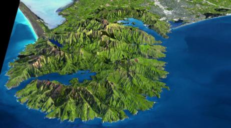 The Banks Peninsula, New Zealand was created by volcanic activity in the Miocene epoch about 10 million years ago. This image is from NASA's Terra spacecraft.