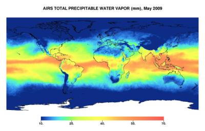 This image represents the total precipitable water vapor for May 2009 as observed by JPL's Atmospheric Infrared Sounder on NASA's Aqua satellite.