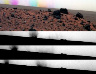 While the panoramic camera (Pancam) on NASA's Mars Exploration Rover Spirit was taking exposures with different color filters on May 27, 2009), dust devils moved across the field of view.