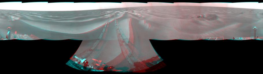 NASA's Opportunity had driven 62.5 meters (205 feet) on April 7, 2009, southward away from an outcrop called 'Penrhyn,' which the rover had been examining for a few sols, and toward a crater called 'Adventure.' 3D glasses are necessary to view this image.
