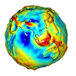 This visualization of a gravity model was created with data from NASA's Gravity Recovery and Climate Experiment and shows variations in the gravity field across the Asia and Australia.