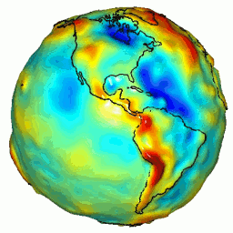 This visualization of a gravity model was created with data from NASA's Gravity Recovery and Climate Experiment (GRACE) and shows variations in Earth's gravity field.