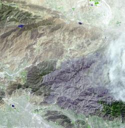 JPL's Advanced Spaceborne Thermal Emission and Reflection Radiometer aboard NASA's Terra satellite captured this simulated natural color image of the Station fire, burning in the San Gabriel Mountains.