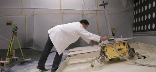 Tests of possible maneuvers for use by NASA's rover Spirit on Mars include use of this lightweight test rover at the Jet Propulsion Laboratory, Pasadena, Calif.